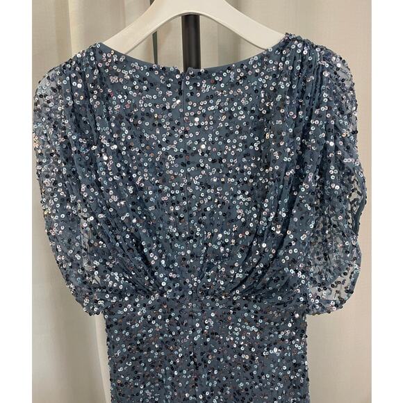 Mac Duggal Blue Draped Sleeve V-Neck Gown Slate Blue 5640 Size 4 NWT Sequins - Picture 12 of 16